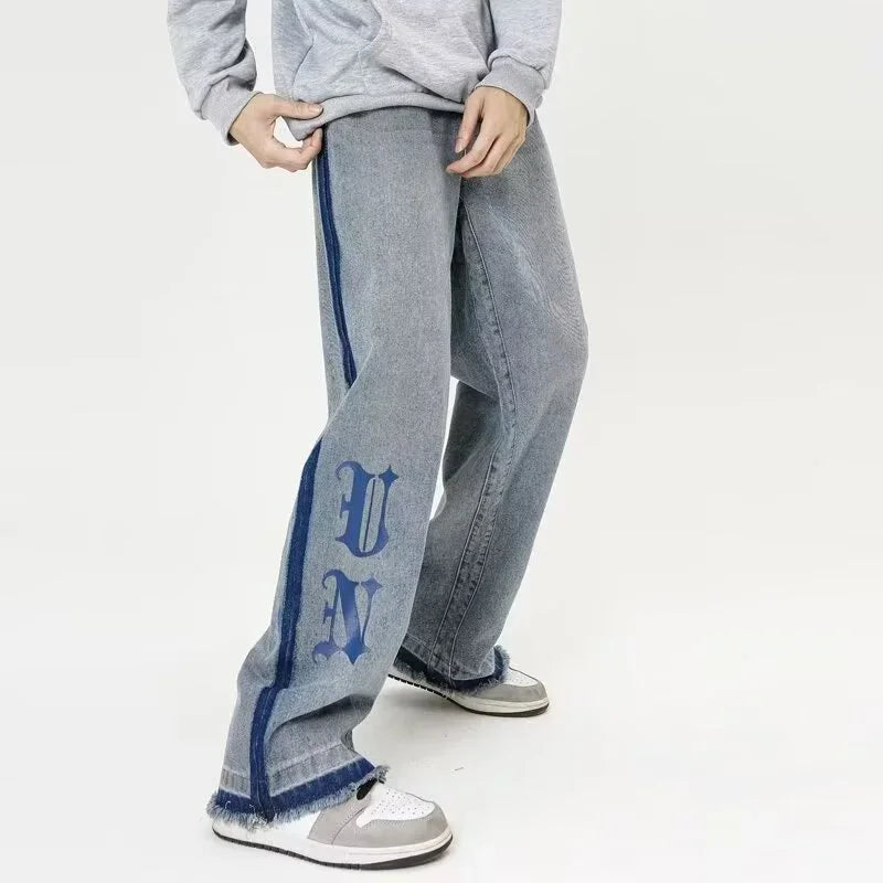 Jeans streetwear bleus à imprimé lettres gothiques