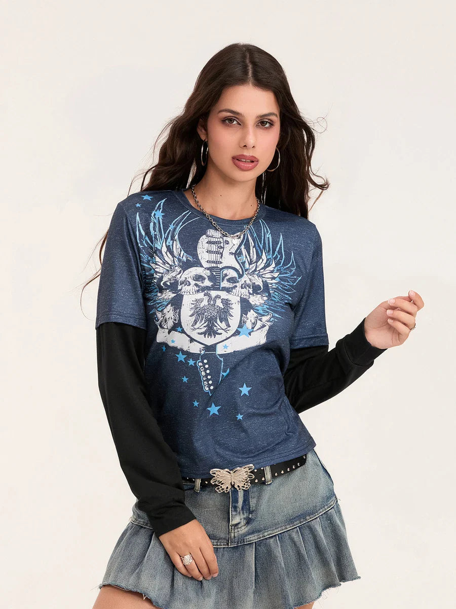 Damen Patchwork Gothic Rundhals-T-Shirt