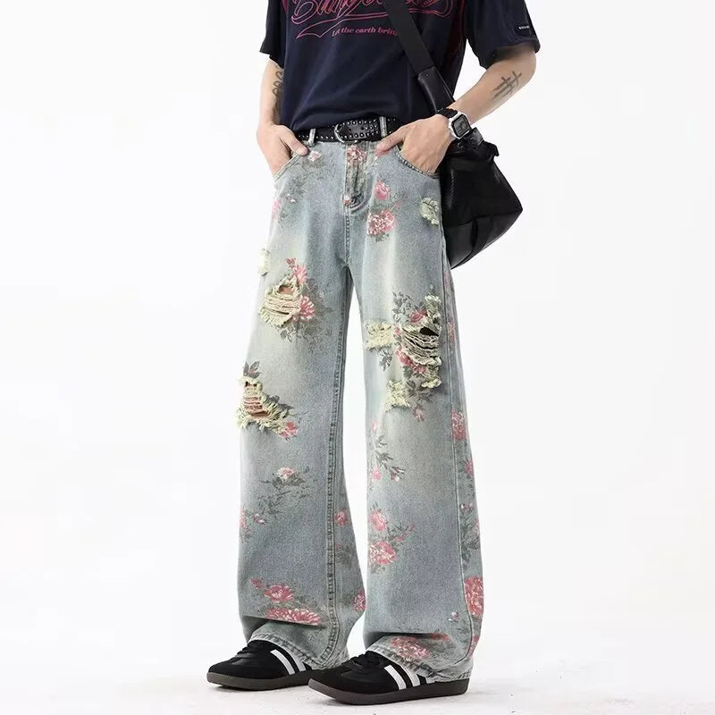 Jean déchiré jacquard à fleurs de pivoine rétro