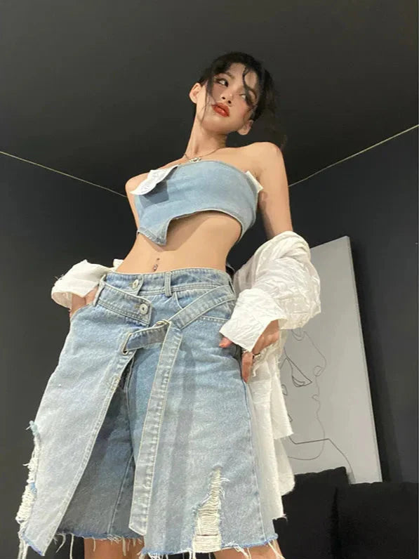 Vintage-Jeansshorts für Damen, hochgeschnitten, mit hohem Bund