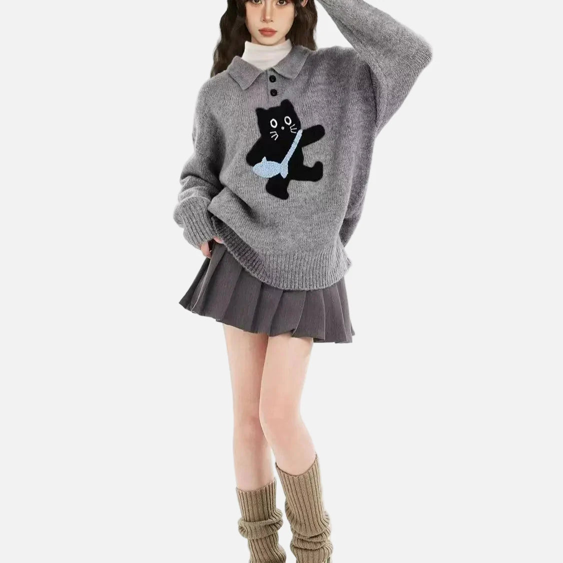 Winter Y2K Gemütlicher grauer Katzen-Strickpullover