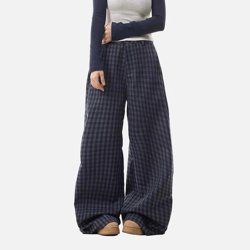 Hochwertige, blau karierte Hose mit hohem Bund und weitem Bein im Y2K-Stil