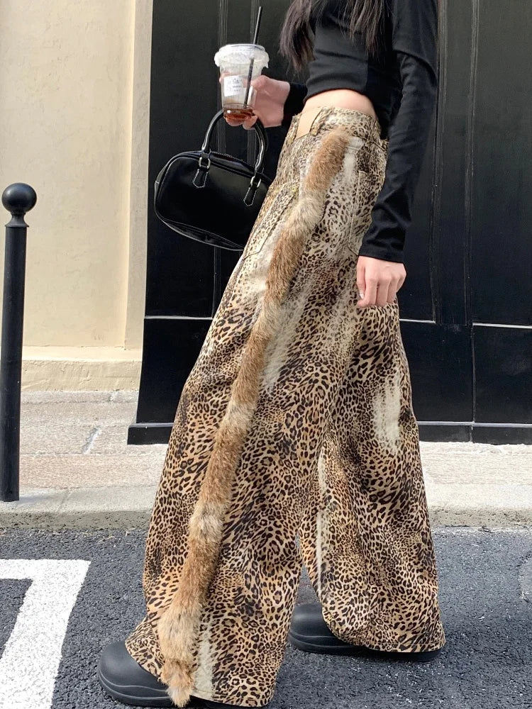 Leopard Patchwork Baggy Vintage Wide Jeans
