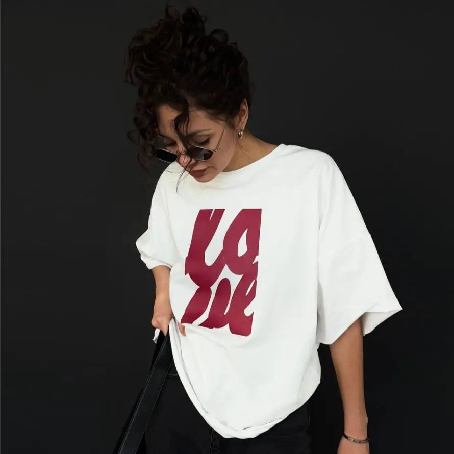 Y2K-T-Shirt aus Baumwolle mit russischem Buchstabenprint, locker geschnitten