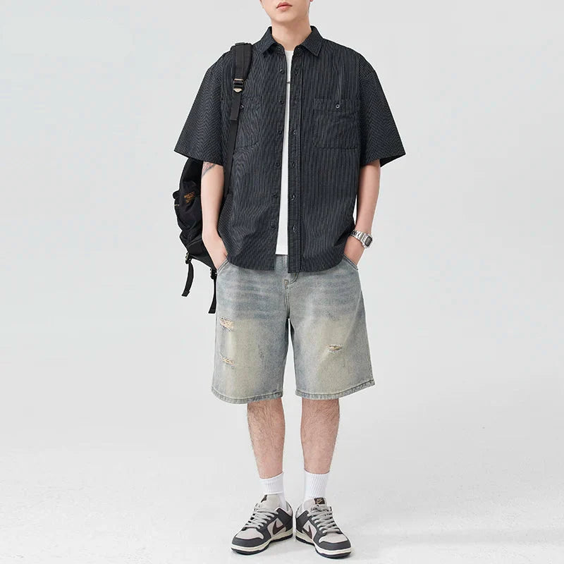 Chemise rayée à manches courtes, polyvalente et décontractée, style streetwear