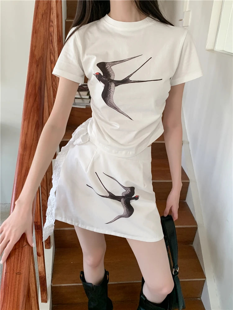 Y2K Swallow Print 2 Piece Top