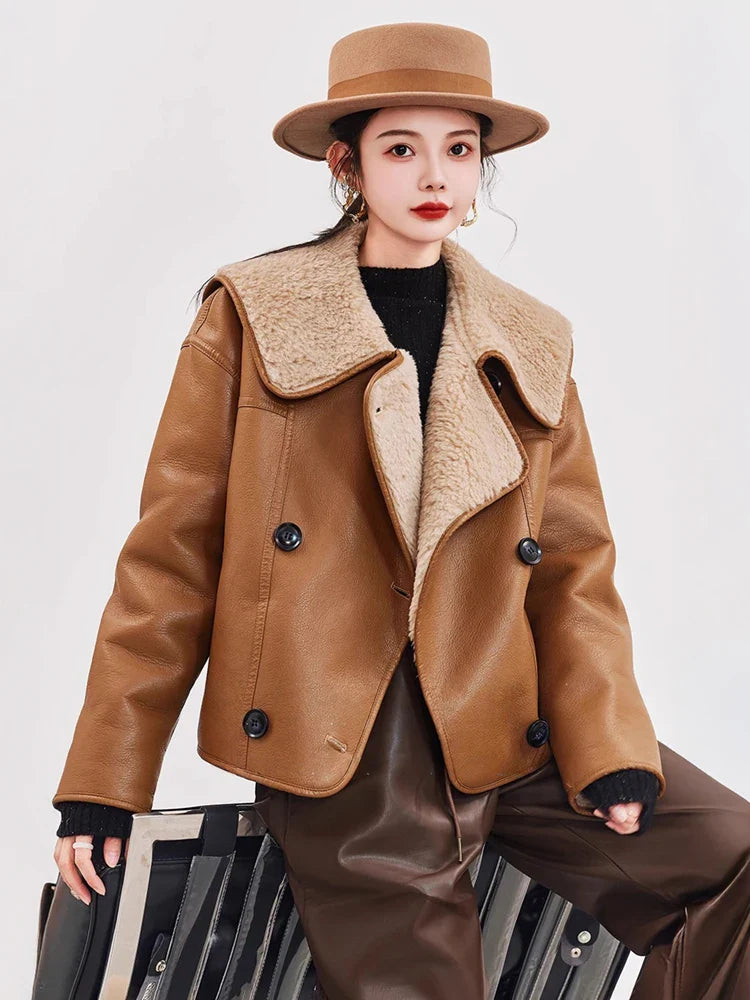 Warme Damen-Lederjacke mit Lammfellfutter, zweireihig geknöpft, Fliegerjacke