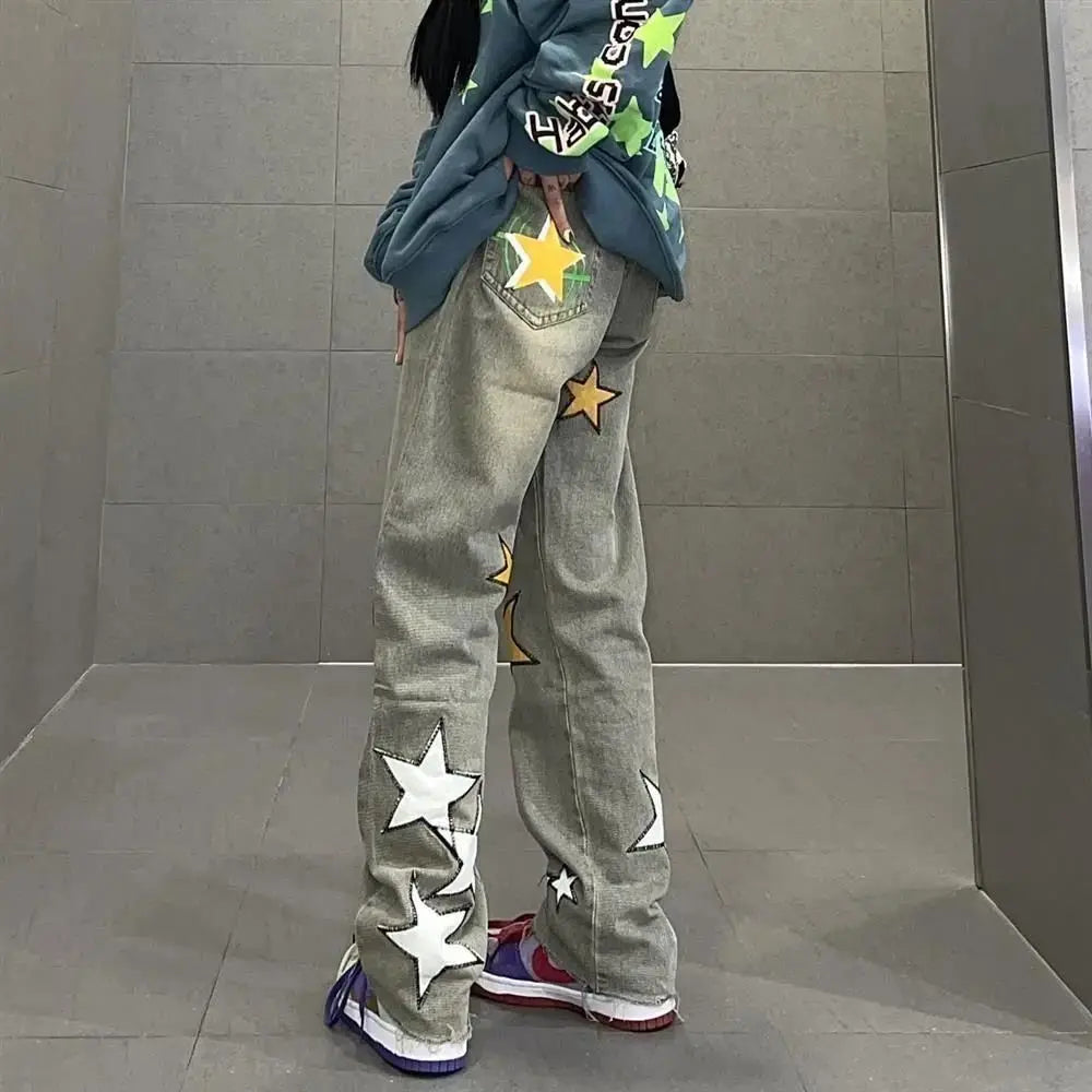 Jean taille haute vintage à étoiles hip-hop