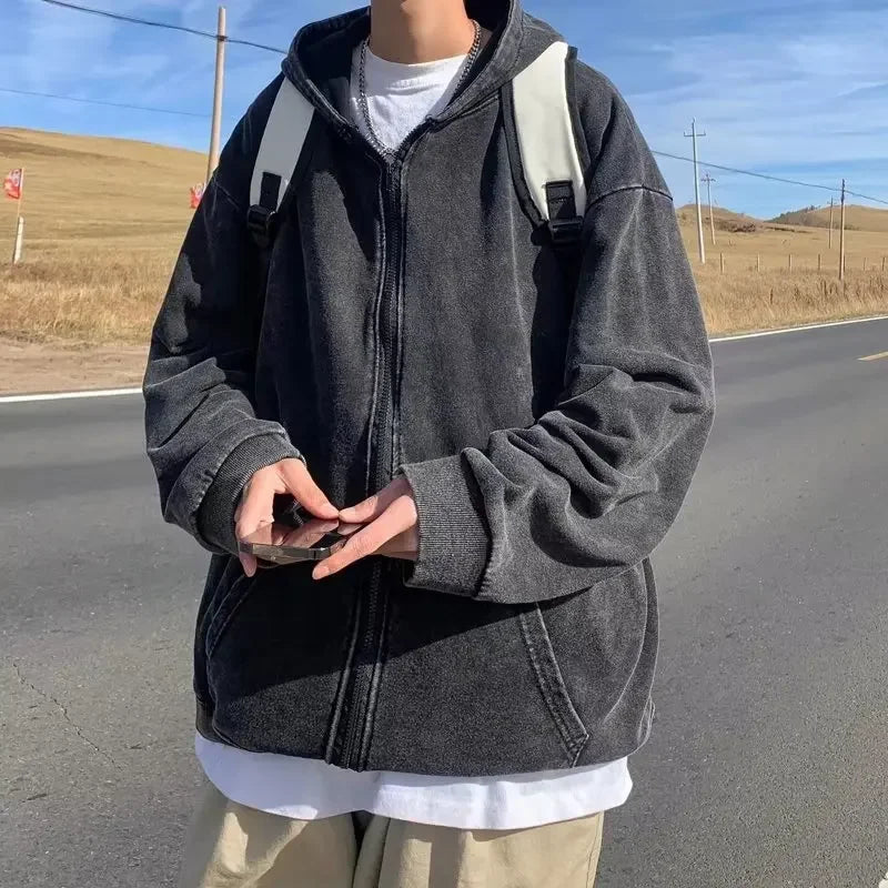Kapuzenpullover mit Reißverschluss im Used-Look