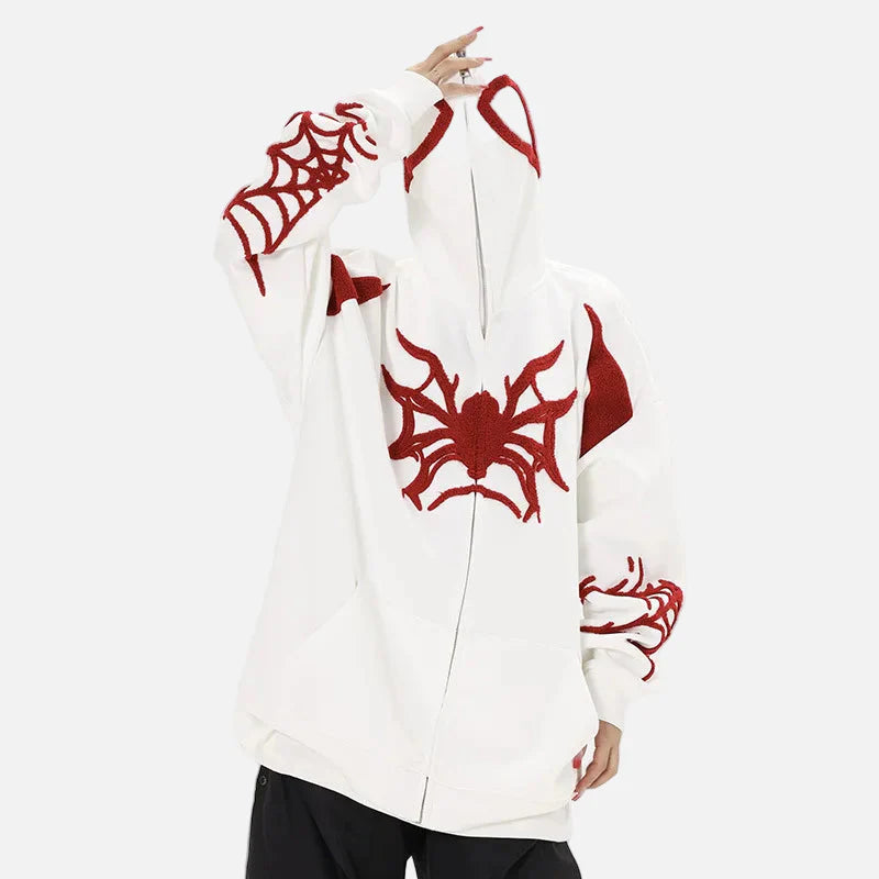 Gothic-Kapuzenpullover mit Spinnennetz-Print und Reißverschluss