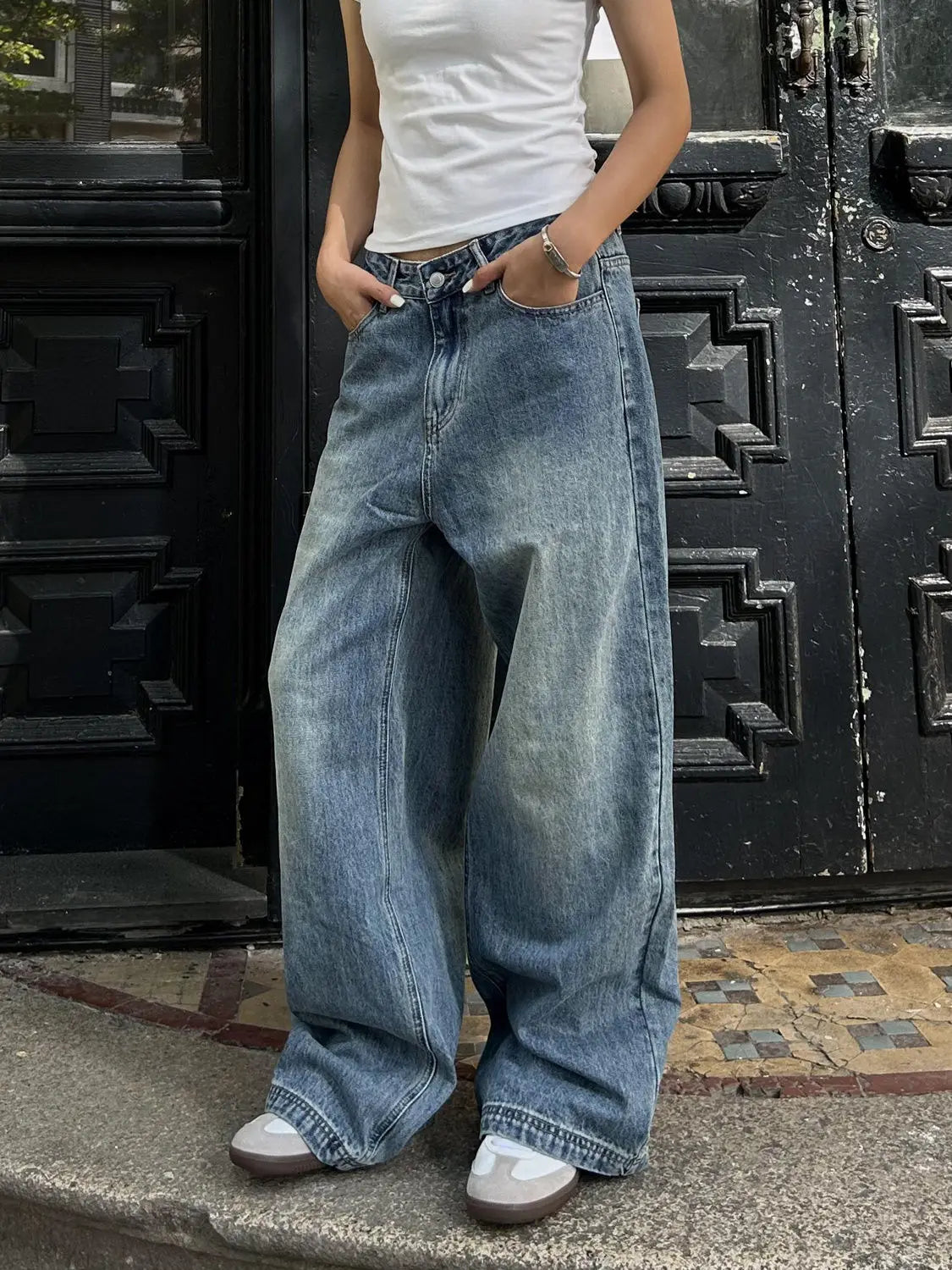 Vintage-Jeans in gewaschenem Blau mit weitem Bein