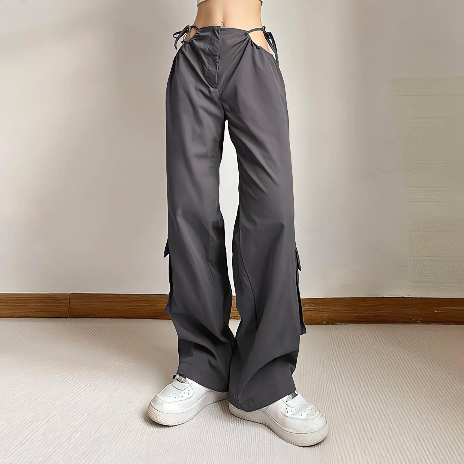 Graue Cargohose für Damen mit weitem Bein