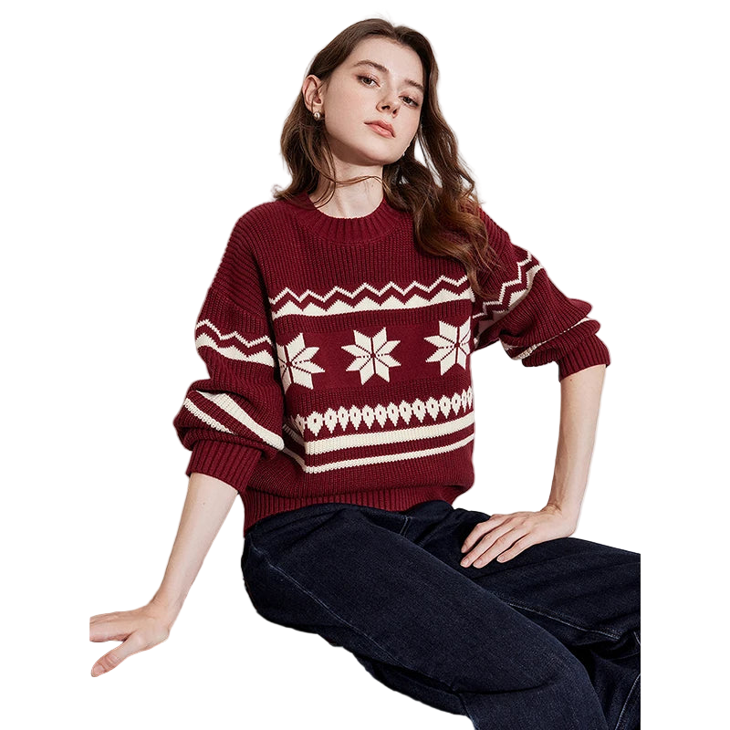 Kontrastfarbener roter Damenpullover mit Rundhalsausschnitt