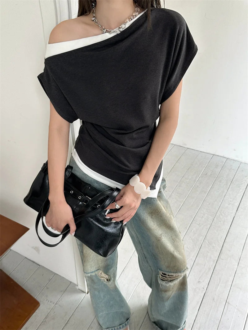 Off Shoulder Patchwork Asymmetrical Women’s Top