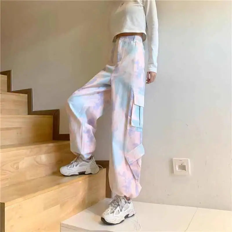 Streetwear Retro High Waist Cargo Pants im Batik-Look