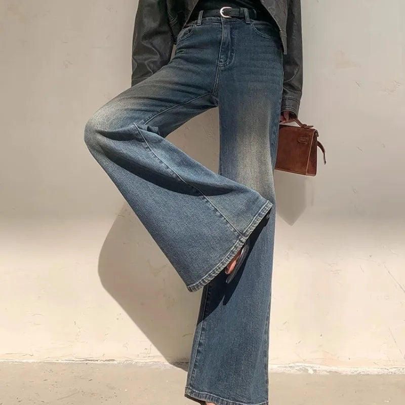 Damen Retro Wide Leg Distressed Denim Jeans
