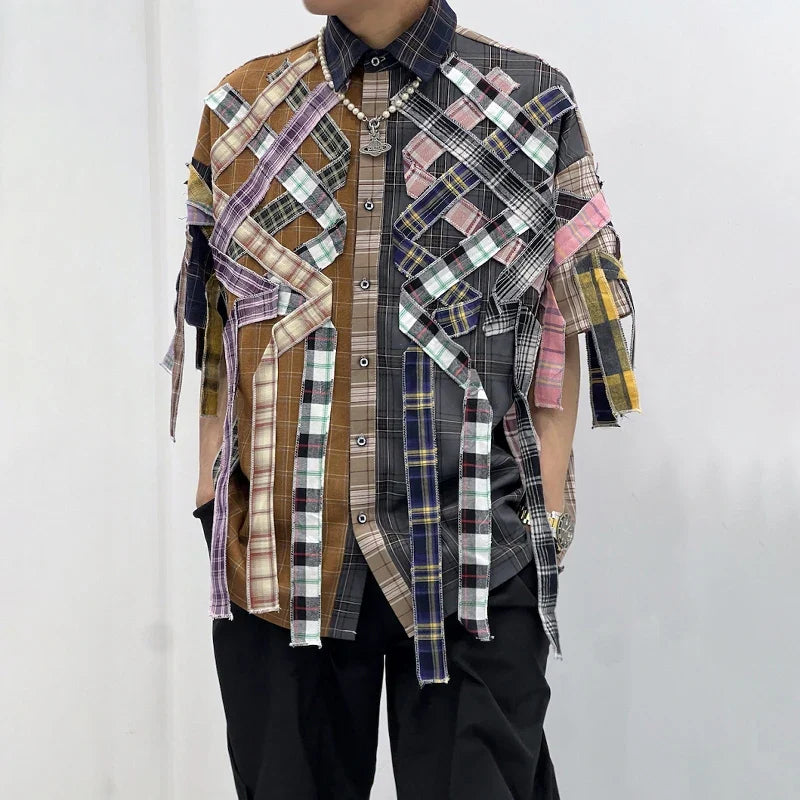 Chemise ample à carreaux patchwork et pompons d'été