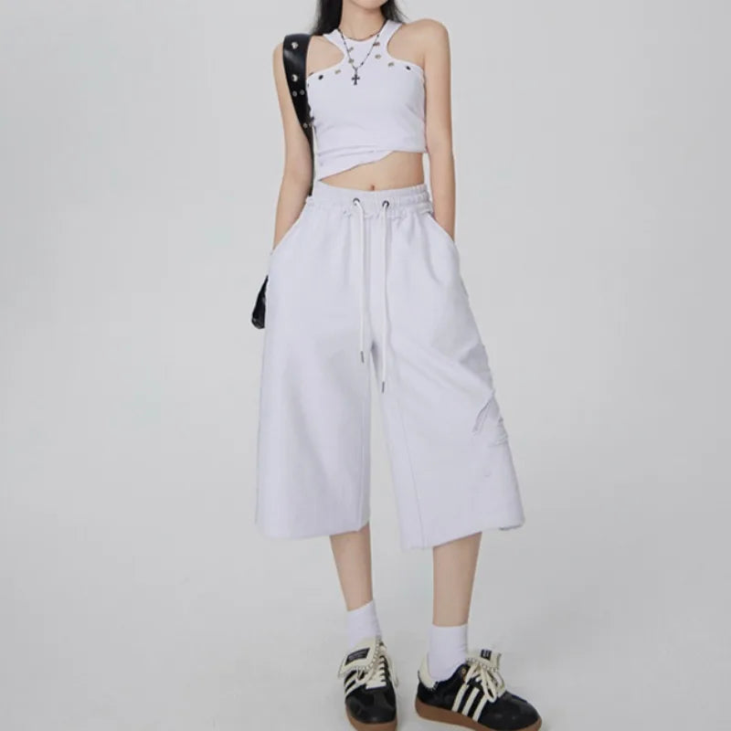Damen Y2K Weiße Weite Bein Kordelzug Jeansshorts