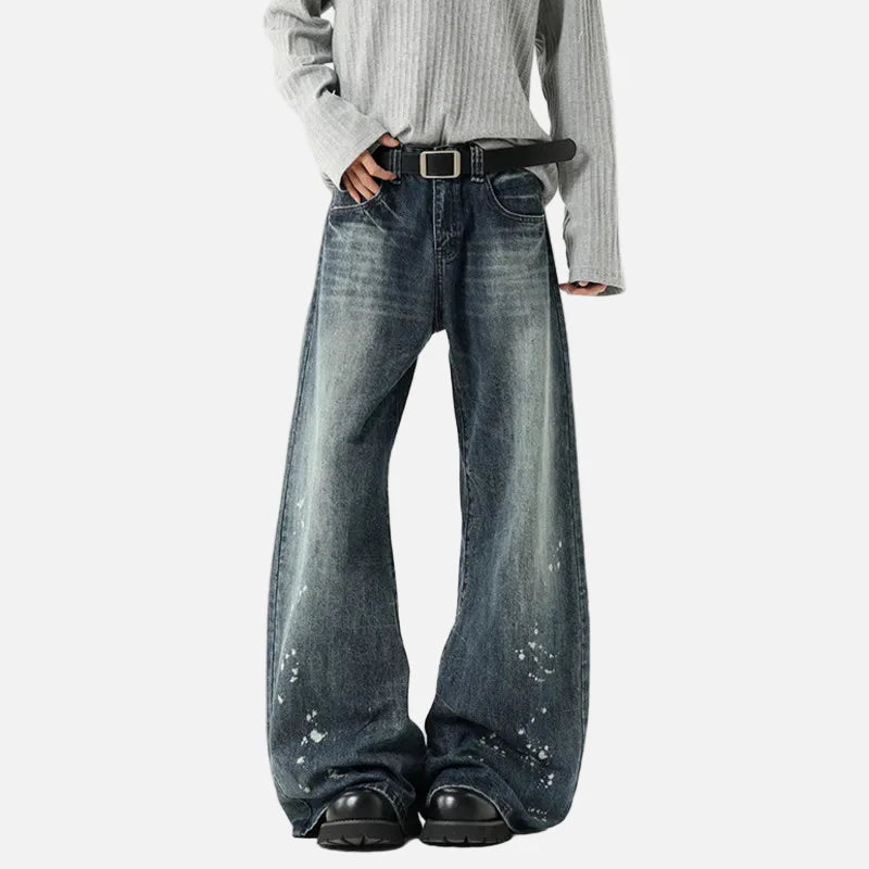 Streetwear-Jeans mit Tintenmuster, weitem Bein und gewaschenem Denim