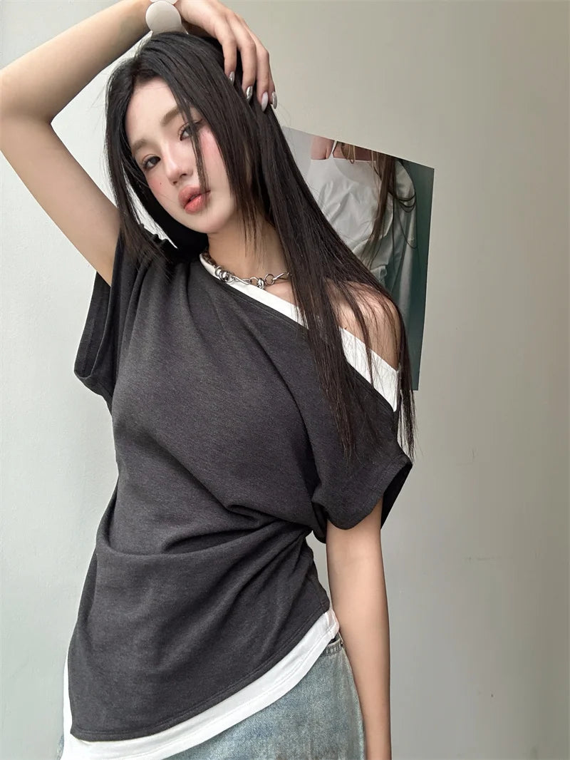 Off Shoulder Patchwork Asymmetrical Women’s Top