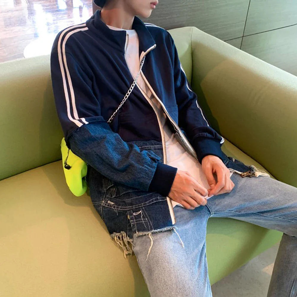 Luxuriöse, gestreifte Jeansjacke mit Quasten