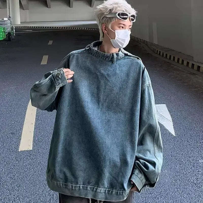 Streetwear Korean Style Stand Collar Denim Sweatshirt