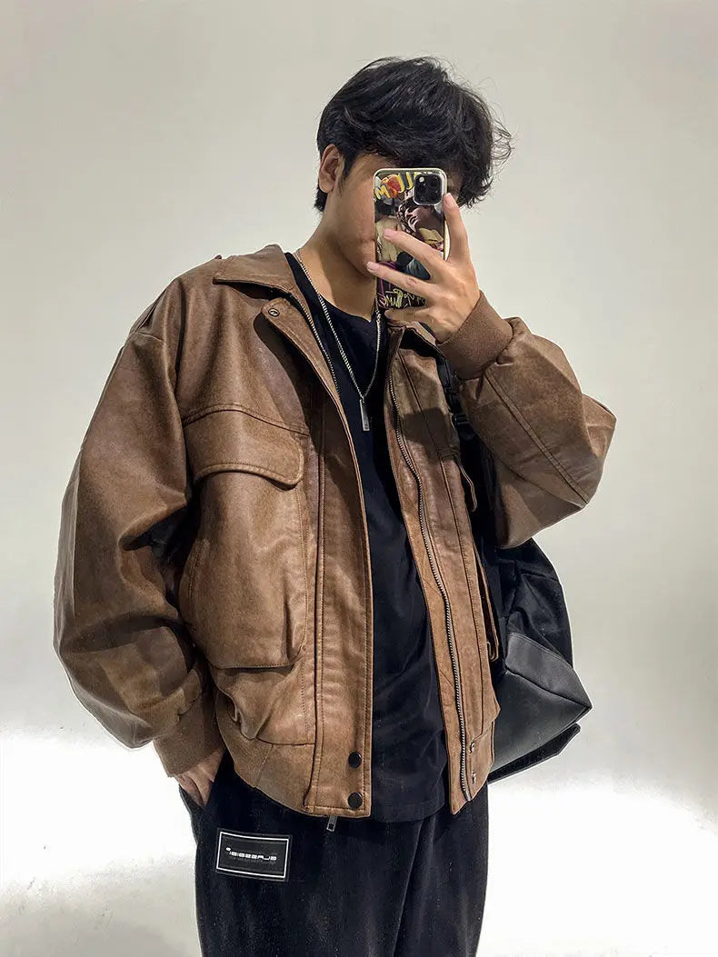 Veste classique rétro en cuir PU vieilli