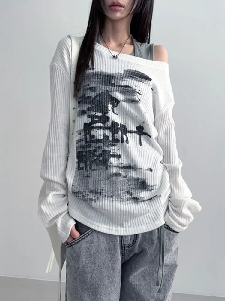 Langarm-T-Shirt mit süßem Grunge-Kragendruck