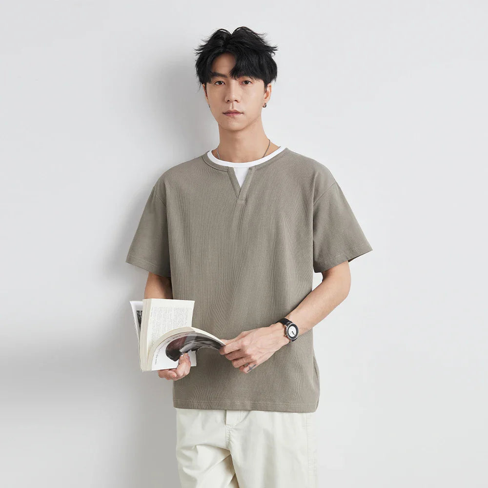 Korean Style Solid Color Loose Fit V-Neck T-Shirt