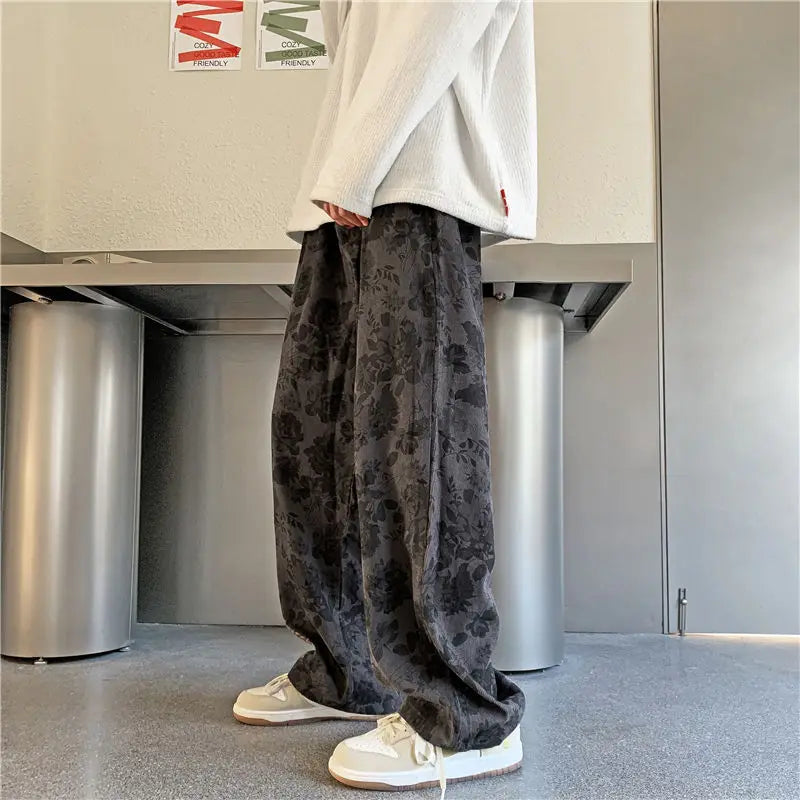 Streetwear Cordhose mit Blumenmuster und weitem Bein