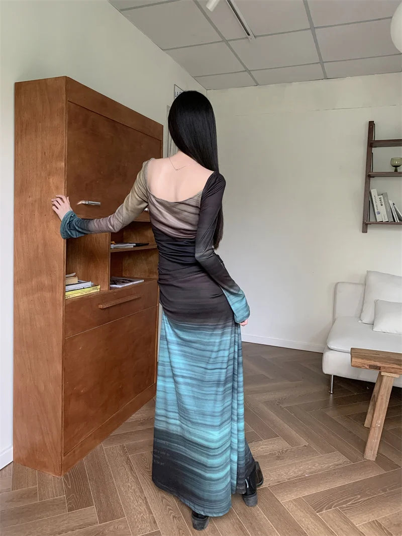 Dazzling Blue Backless Long Sleeve Maxi Dress