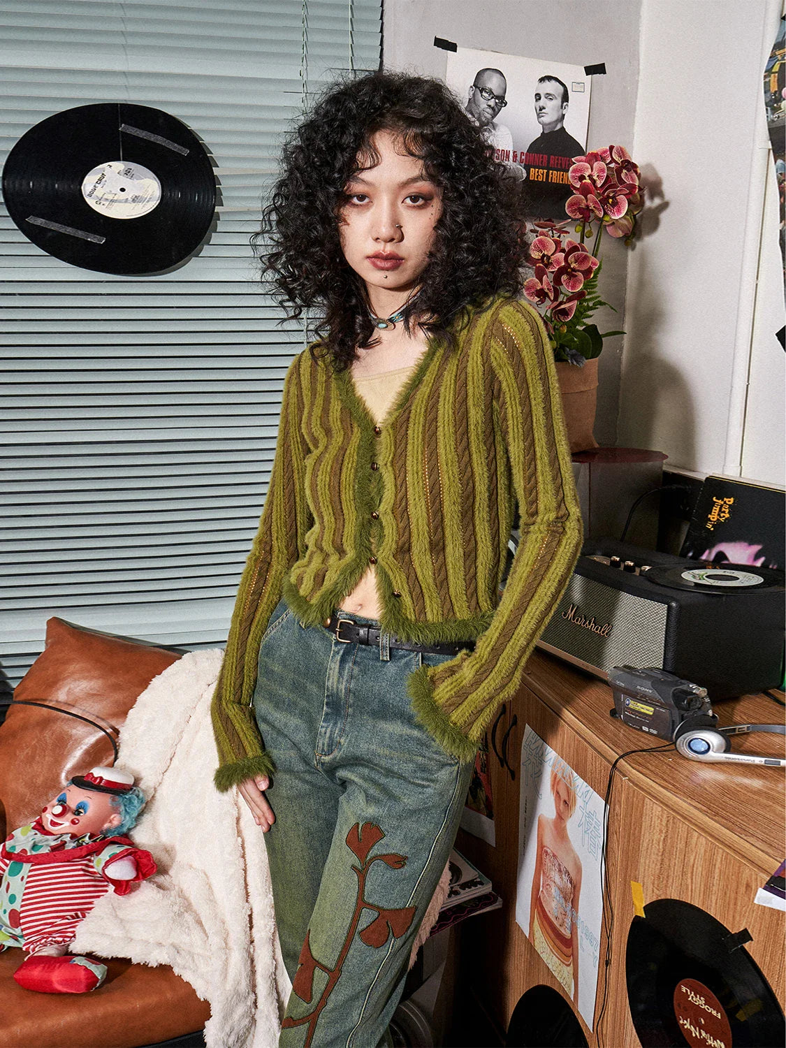 Retro-Strickcardigan mit V-Ausschnitt