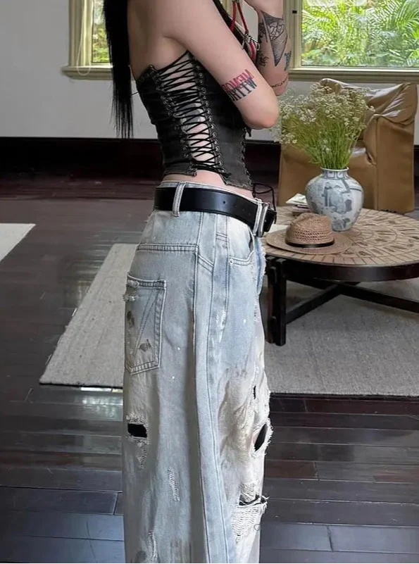 Y2K Streetwear Vintage Blue Boyfriend Ripped Jeans