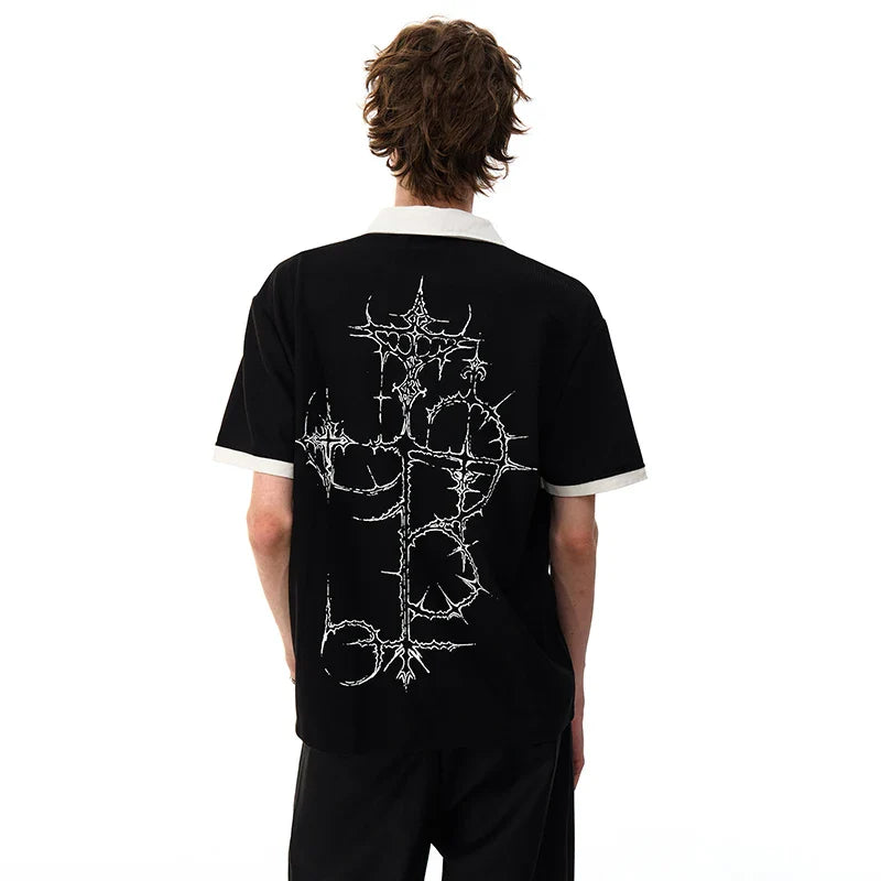 Stylish Color Contrast Splicing Printed Polo T-Shirt