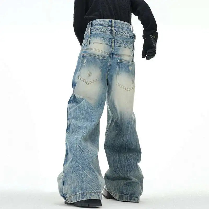 Herren-Jeans mit Lagen-Patchwork-Design und weitem Bein