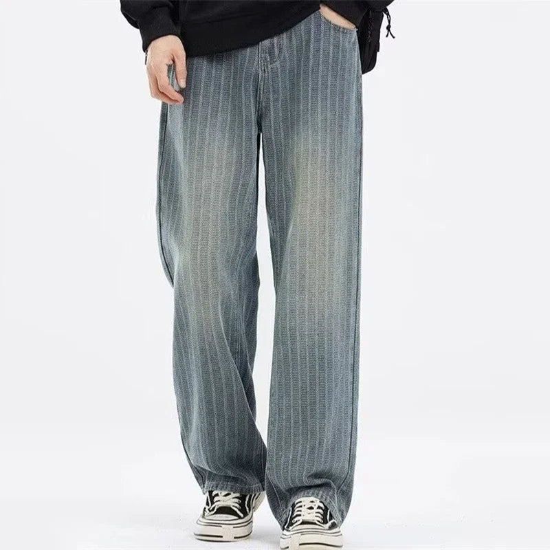 Jean vintage à rayures bleues, jambes larges, automne
