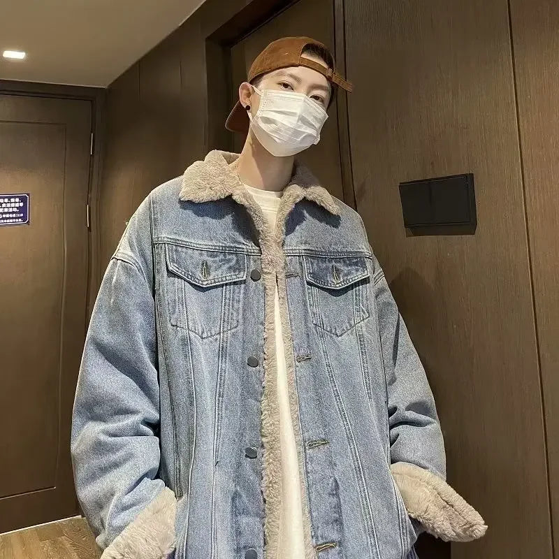 Veste en jean épaisse en polaire et fourrure style streetwear