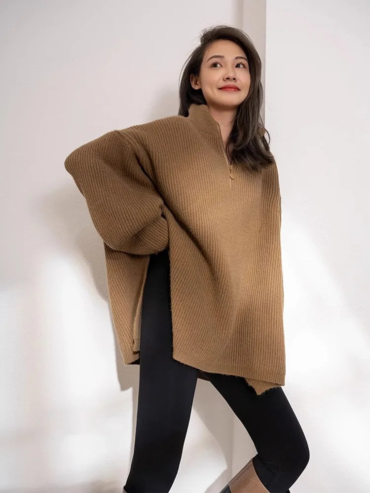 Pull confortable à col montant zippé style rétro français