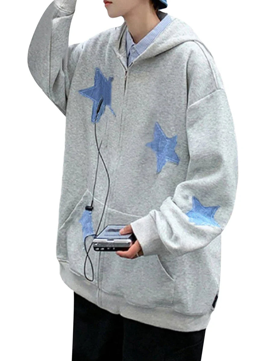 Streetwear Sternenmuster-Reißverschluss-Freizeit-Lang-Hoodie