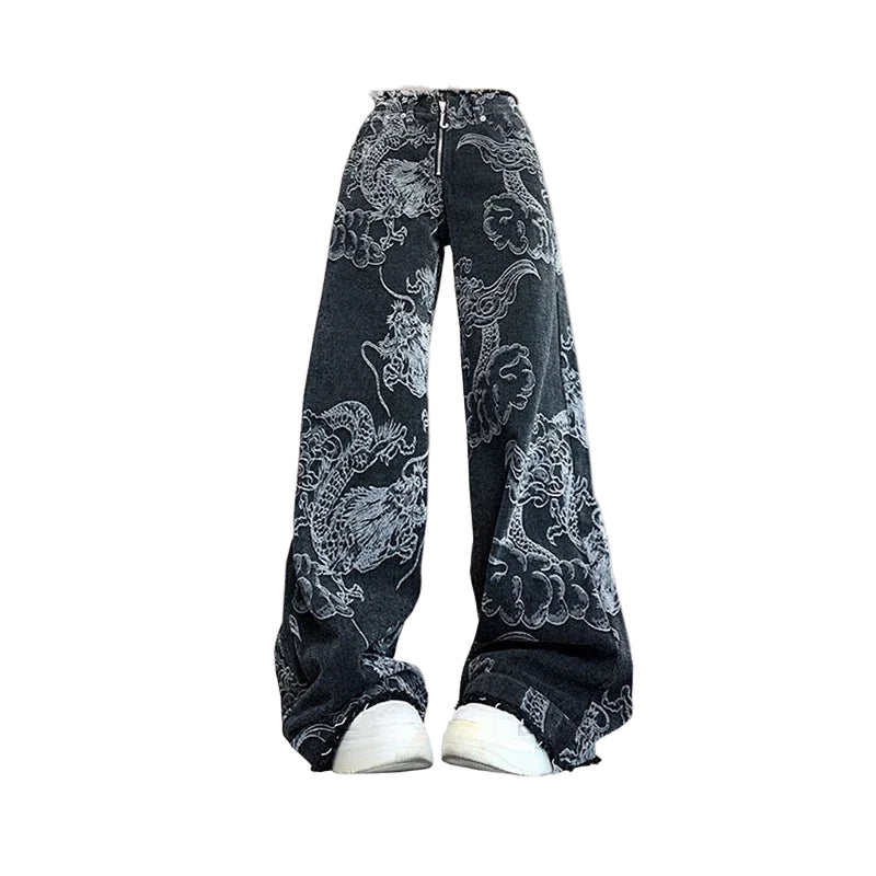 Y2K Dragon Print Baggy Denim Jeans