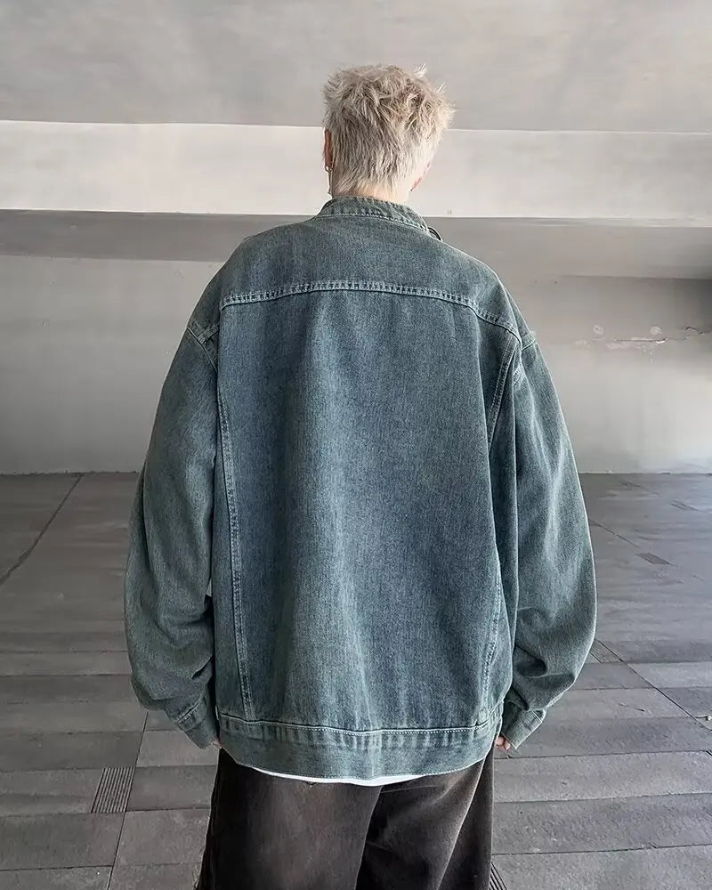 Streetwear Korean Style Stand Collar Denim Sweatshirt