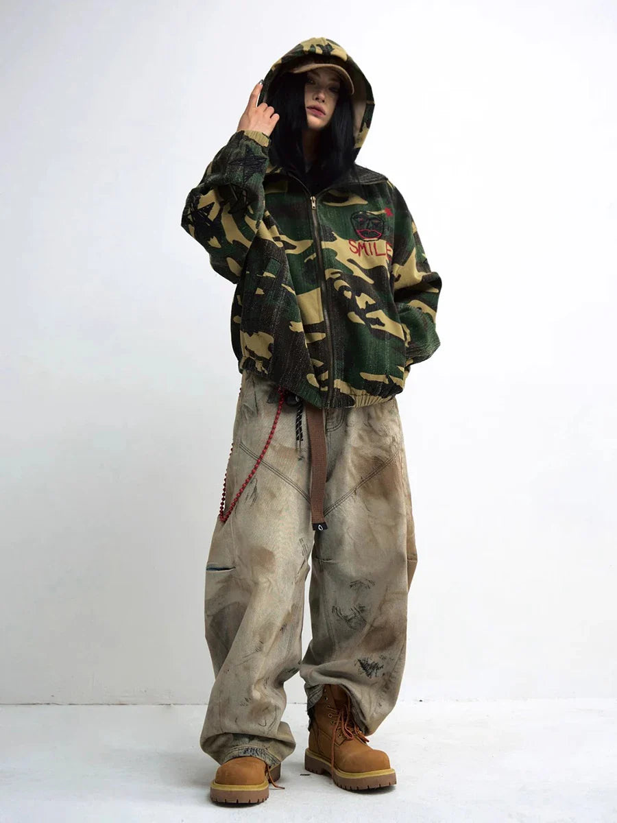 Jeans streetwear en peluche taille haute à jambes larges