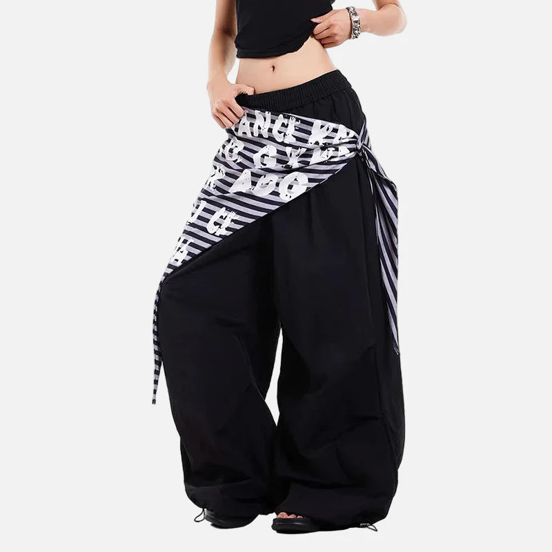 Schwarze Y2K Oversize-Wickelhose im japanischen Stil mit weitem Bein