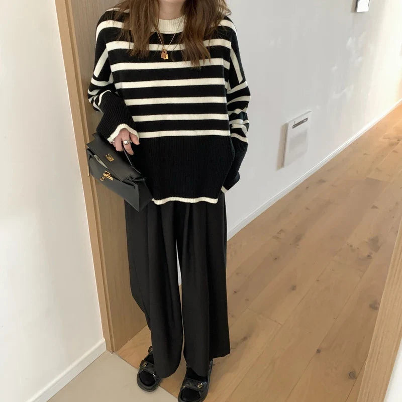 Schicker koreanischer Streifenpullover für Damen, locker gestrickt