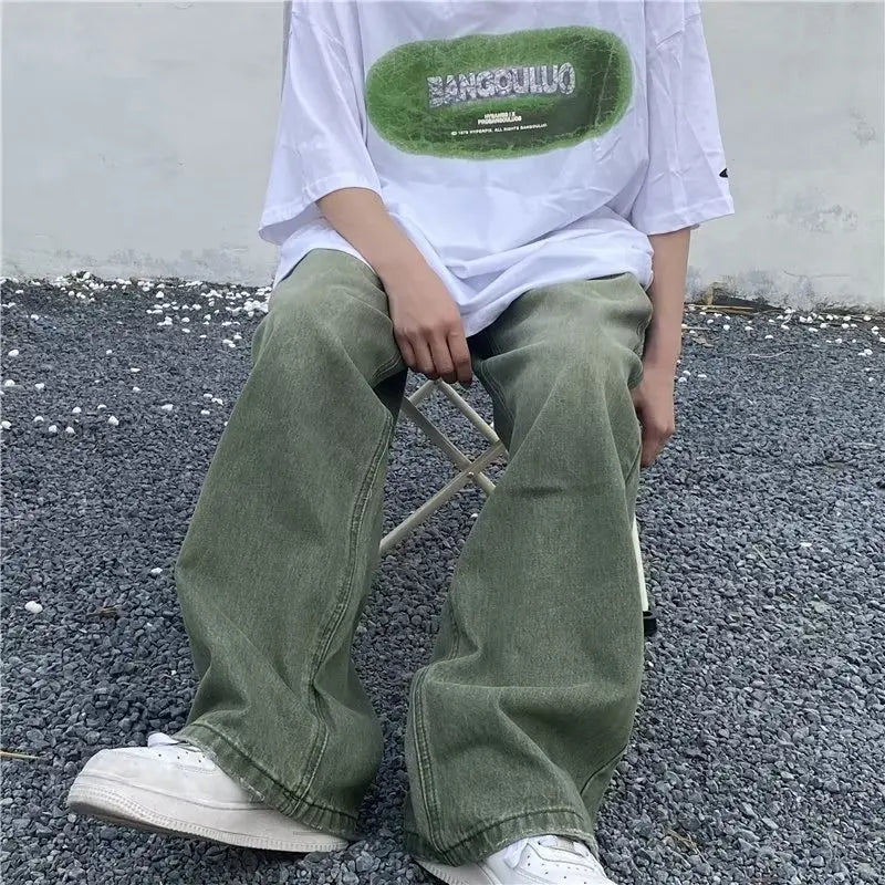 Streetwear Gradient Green Denim High Waist Jeans