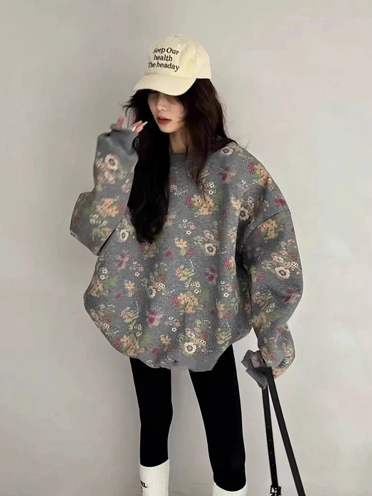 Vintage Damen graues Sweatshirt mit Blumenmuster, rund, Sweatshirt