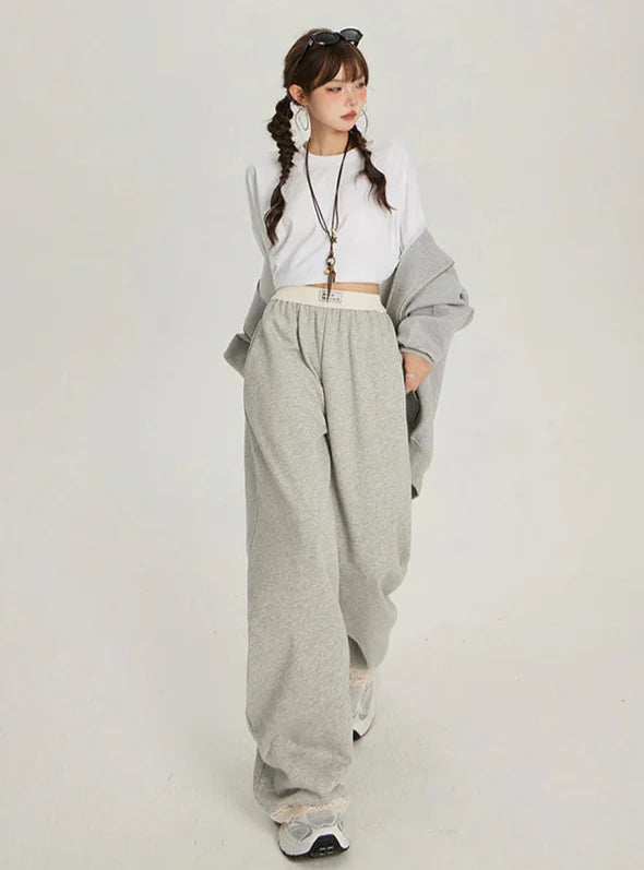 Pantalon de survêtement large taille haute couleur unie
