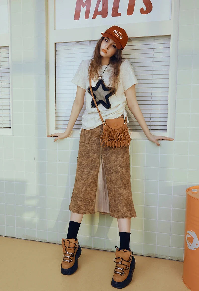 Y2K Star Print Oversized Drawstring T-Shirt