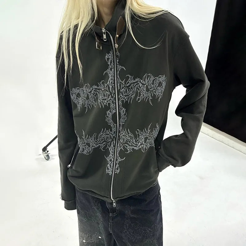 Chemise à fermeture éclair imprimée tatouage style grunge