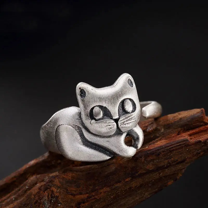 Vintage thailändischer Silberring mit niedlicher Zibetkatze